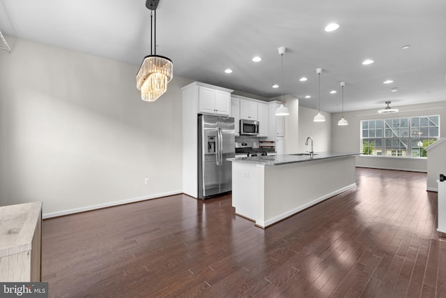 5957 Whelan Ln, Frederick, MD 21703 - kitchen with appliances with stainless steel finishes, open floor plan, dark wood-style flooring, a center island with sink, and recessed lighting