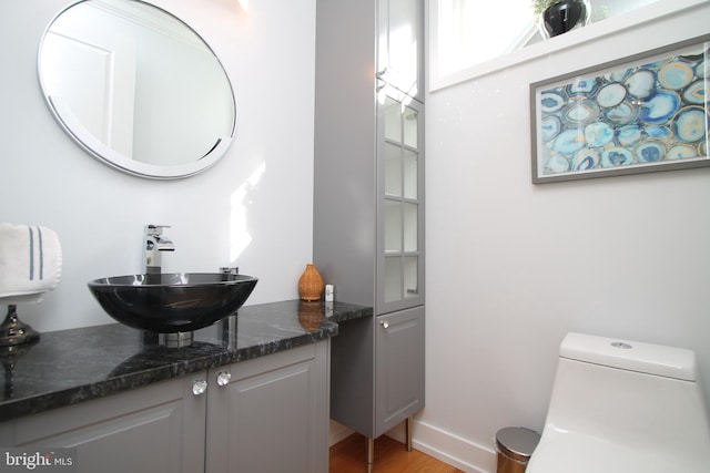 bathroom with baseboards, wood finished floors, toilet, and vanity