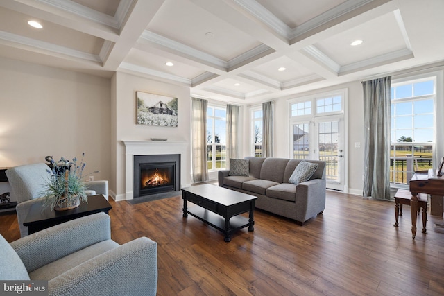 living room featuring coffered ceiling, beam ceiling, a fireplace with flush hearth, dark wood finished floors, and recessed lighting