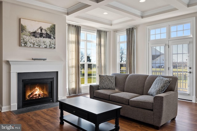 living area with beam ceiling, a fireplace with flush hearth, dark wood-type flooring, and coffered ceiling
