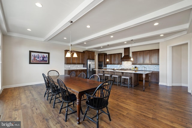 dining room with baseboards, recessed lighting, beam ceiling, and dark wood-type flooring