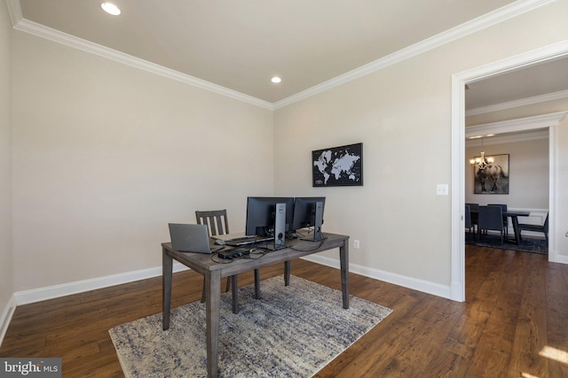 office area featuring baseboards, a chandelier, crown molding, and wood-type flooring