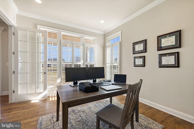 office space with baseboards, recessed lighting, wood finished floors, and ornamental molding