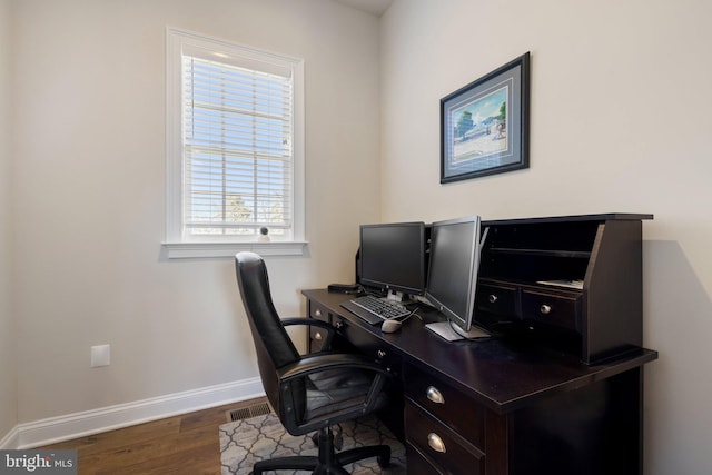 home office featuring visible vents, baseboards, and wood finished floors