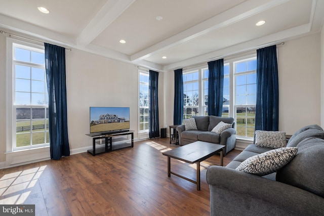 living room featuring hardwood / wood-style floors, baseboards, beamed ceiling, and recessed lighting