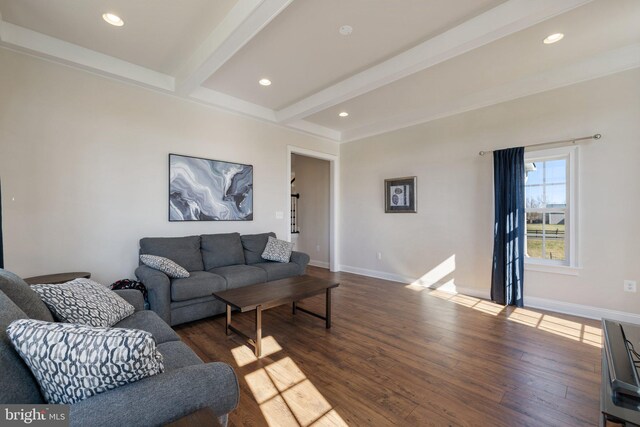 living room with dark wood-type flooring, baseboards, recessed lighting, and beamed ceiling