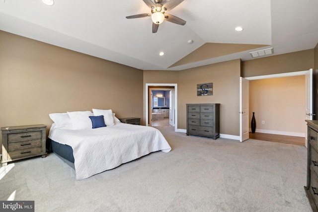 bedroom with lofted ceiling, recessed lighting, baseboards, visible vents, and light carpet