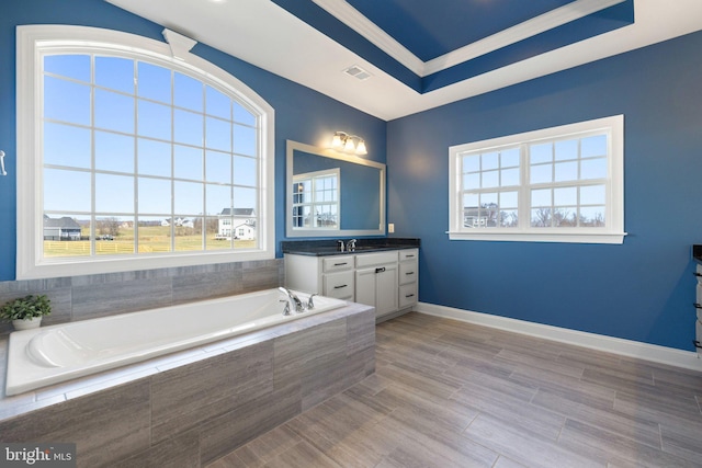 bathroom featuring vanity, baseboards, visible vents, and a bath