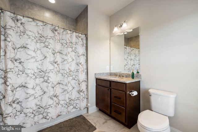 full bath with marble finish floor, vanity, toilet, and a shower with shower curtain