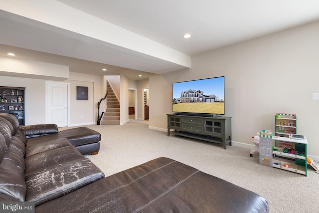 living area featuring stairs, recessed lighting, baseboards, and carpet
