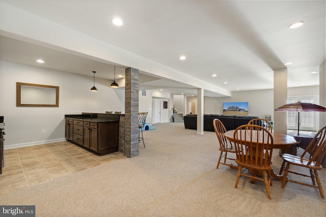 dining room with light tile patterned flooring, baseboards, recessed lighting, stairway, and light carpet