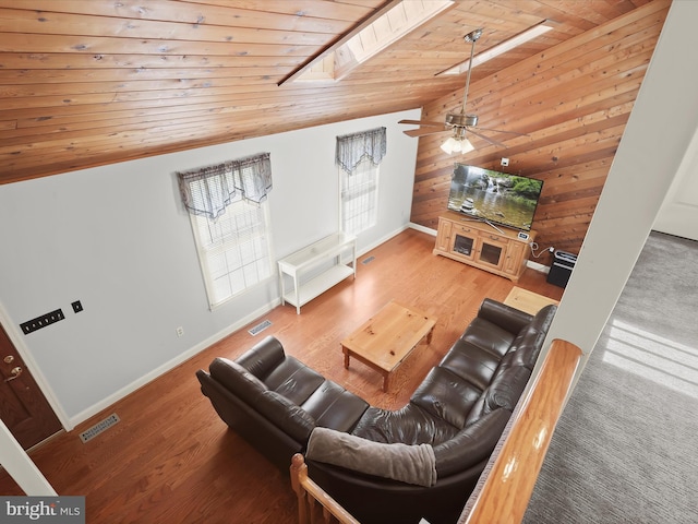 living area featuring ceiling fan, visible vents, wood ceiling, and vaulted ceiling