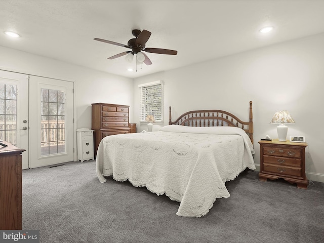 carpeted bedroom with access to outside, ceiling fan, french doors, recessed lighting, and visible vents