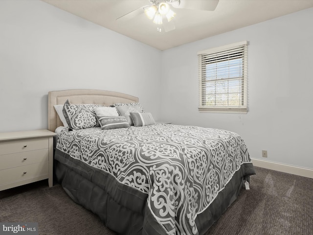 bedroom featuring baseboards, a ceiling fan, and carpet flooring