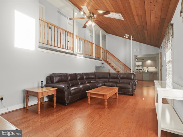 living area with wood ceiling, ceiling fan, wood finished floors, and stairway