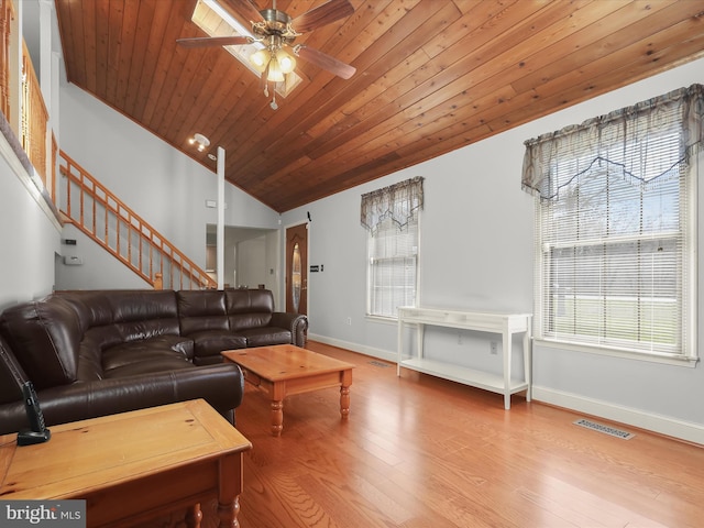living area with ceiling fan, stairs, wooden ceiling, lofted ceiling, and visible vents