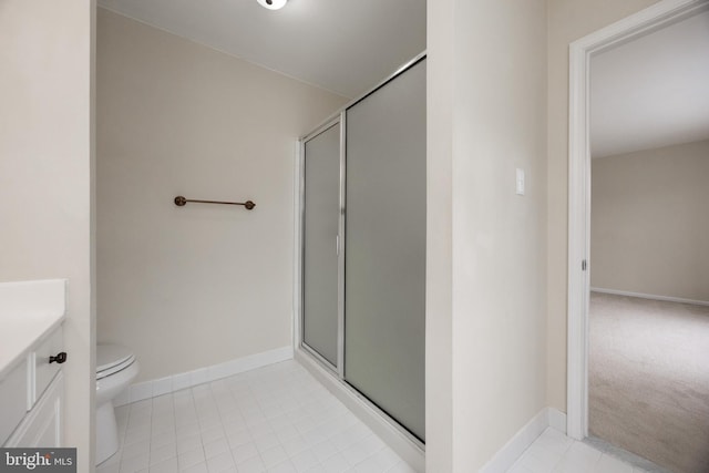 485 Lake George Cir, West Chester, PA 19382 - full bath featuring vanity, baseboards, a stall shower, tile patterned flooring, and toilet