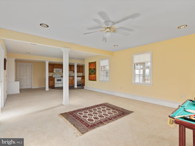 112 Daniel Ct, Strasburg, VA 22657 - below grade area with baseboards, recessed lighting, ceiling fan, and light carpet