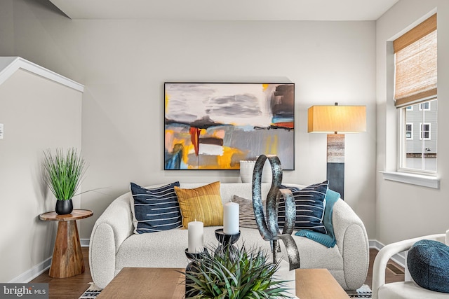 living area featuring baseboards and wood finished floors