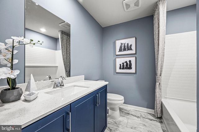 full bath featuring visible vents, baseboards, marble finish floor, toilet, and vanity
