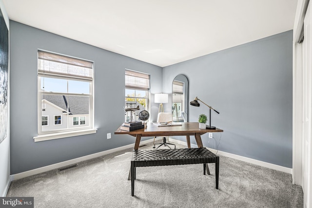 office with baseboards, visible vents, and carpet