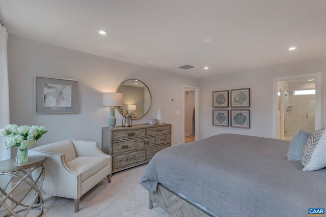3065 Rambling Brook Ln, Crozet, VA 22932 - bedroom with recessed lighting, ensuite bath, light colored carpet, and visible vents