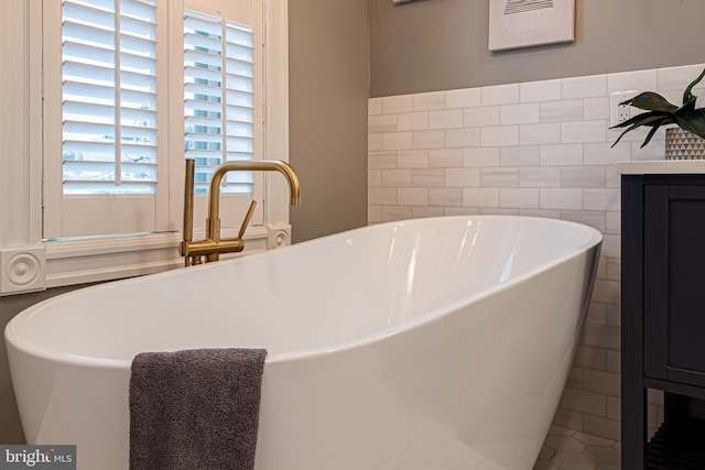 interior details with a freestanding tub and a sink