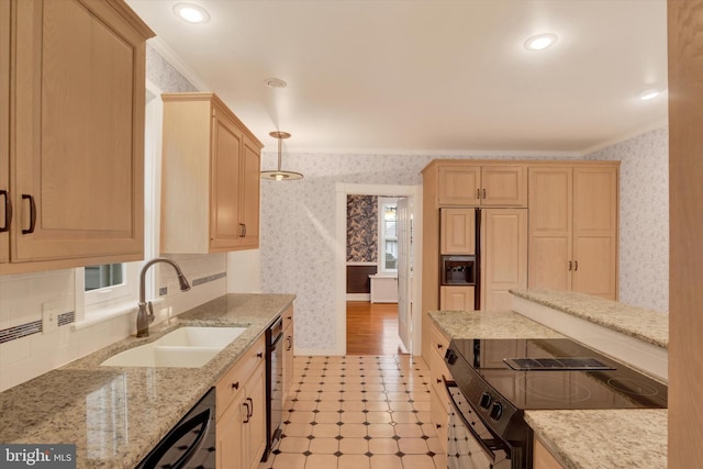 662 S Market St, Elizabethtown, PA 17022 - kitchen with a sink, stove, wallpapered walls, light brown cabinetry, and ornamental molding