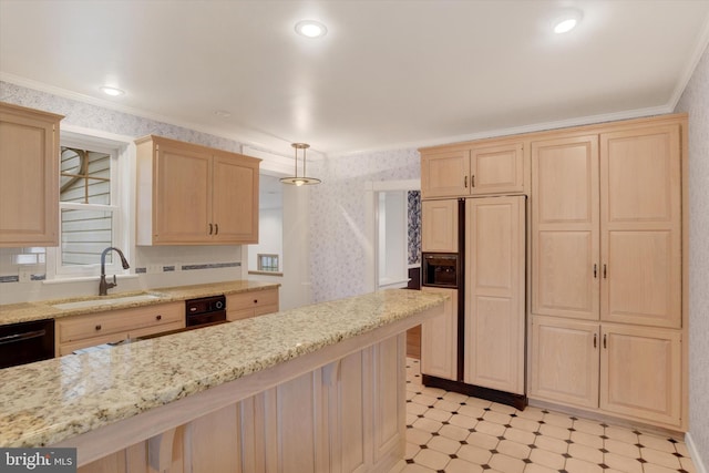 662 S Market St, Elizabethtown, PA 17022 - kitchen with light brown cabinets, paneled refrigerator, a sink, light floors, and crown molding