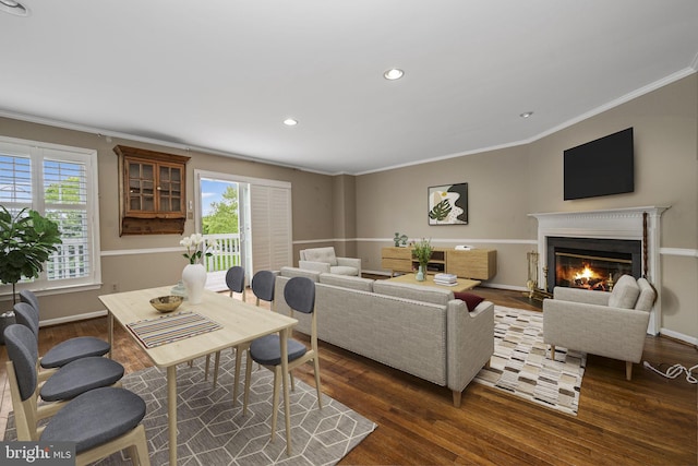 550 E Saxony Dr Unit 550, Exton, PA 19341 - living area with dark wood-type flooring, crown molding, a glass covered fireplace, recessed lighting, and baseboards
