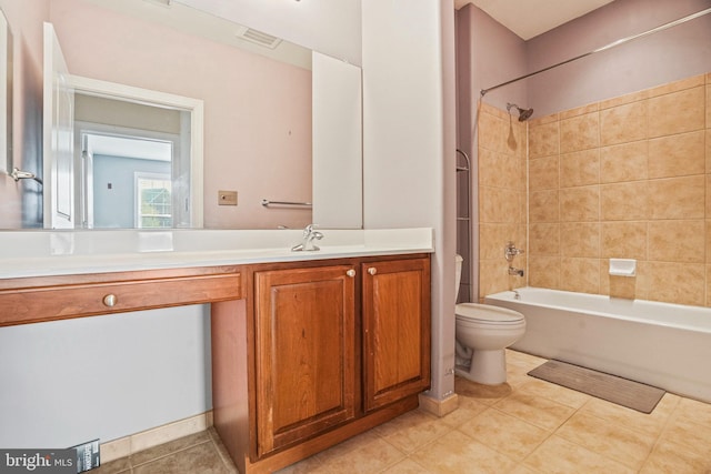 full bath with vanity, shower / bath combination, toilet, tile patterned flooring, and visible vents