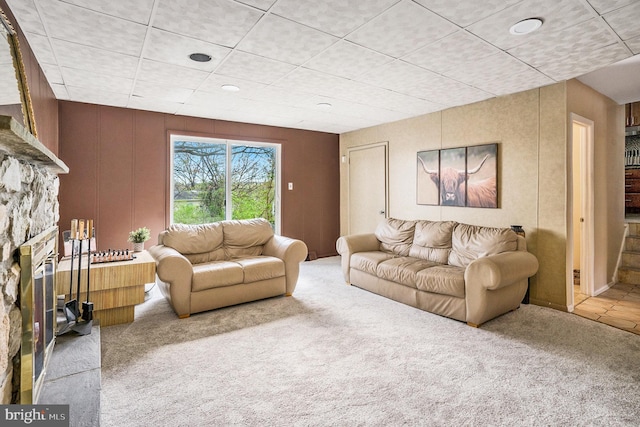 1057 Fitzwatertown Rd, Roslyn, PA 19001 - living area featuring carpet and a stone fireplace