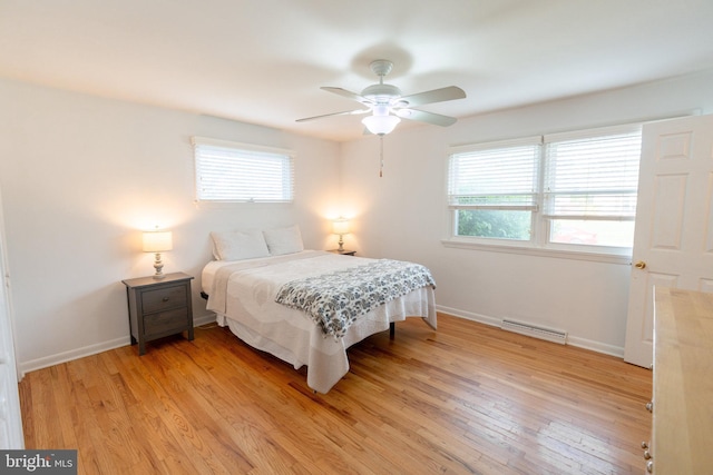 bedroom featuring visible vents, light wood-style flooring, baseboards, and multiple windows