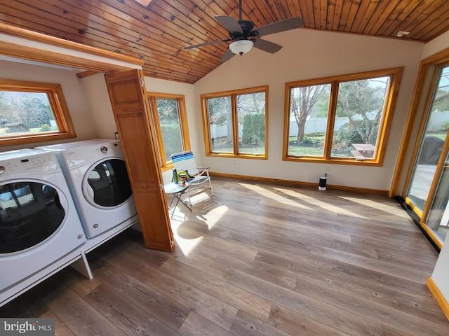 212 University Dr, Mont Alto, PA 17237 - washroom featuring wooden ceiling, separate washer and dryer, light wood finished floors, ceiling fan, and laundry area