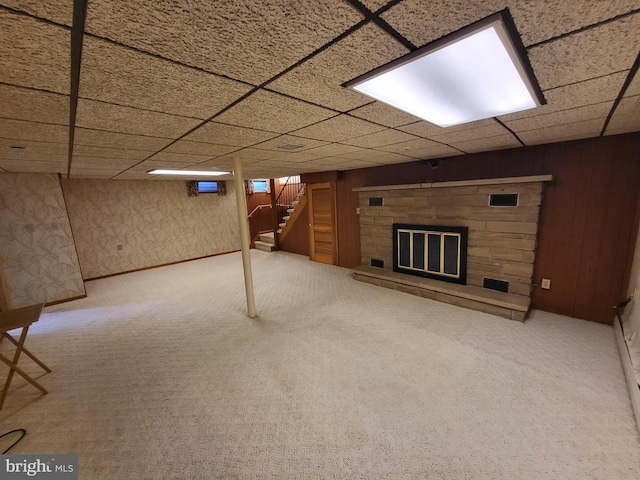 212 University Dr, Mont Alto, PA 17237 - finished below grade area with stairs, a fireplace, a drop ceiling, and carpet