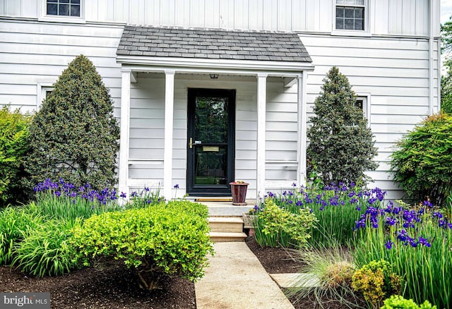 entrance to property with board and batten siding and roof with shingles