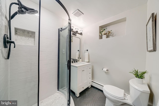 full bath with vanity, toilet, a stall shower, visible vents, and a baseboard radiator