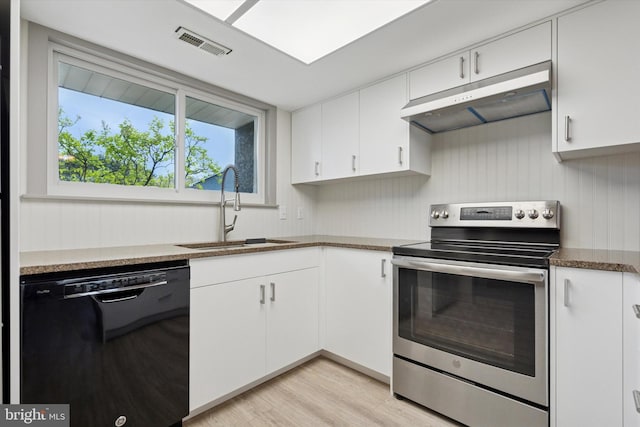 kitchen featuring a sink, stainless steel range with electric cooktop, dishwasher, light wood finished floors, and under cabinet range hood