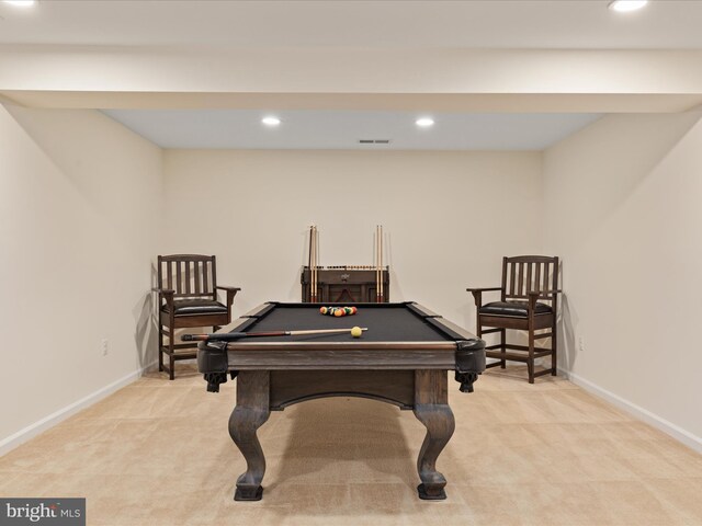 162 Blackford Dr, Stephenson, VA 22656 - recreation room with visible vents, baseboards, recessed lighting, billiards, and light colored carpet