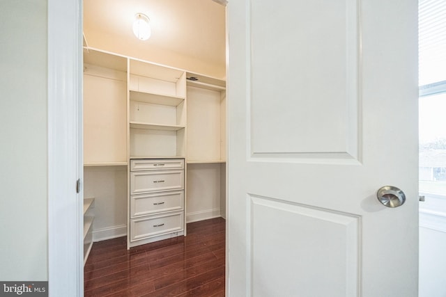 spacious closet with dark wood-style floors