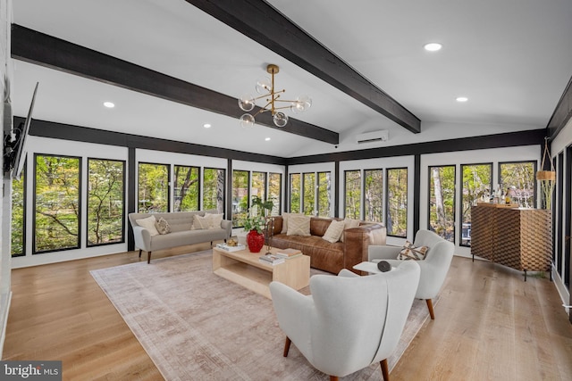 1335 N Pegram St N, Alexandria, VA 22304 - living room featuring a healthy amount of sunlight, vaulted ceiling with beams, an AC wall unit, and recessed lighting