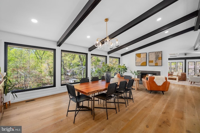 1335 N Pegram St N, Alexandria, VA 22304 - dining area featuring lofted ceiling with beams, an inviting chandelier, light wood-style floors, recessed lighting, and visible vents