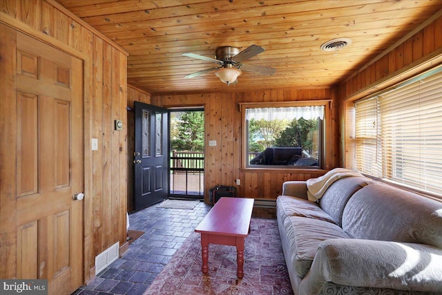 living room featuring wood walls, wood ceiling, and visible vents