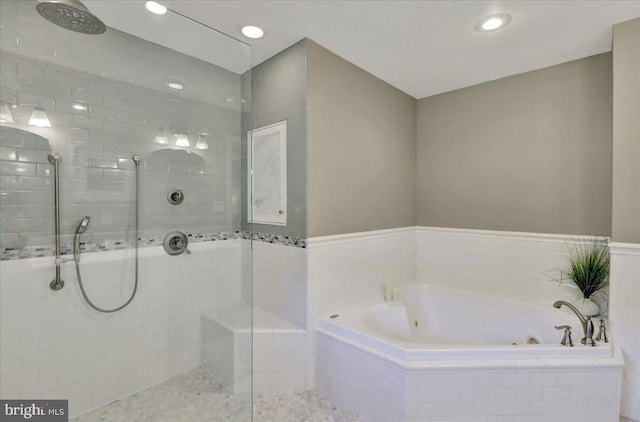 full bathroom with walk in shower, recessed lighting, and a bath