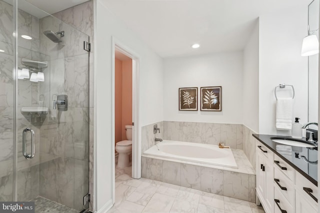 249 S Pickett St Unit 302, Alexandria, VA 22304 - full bathroom with marble look tiles, toilet, a bath, vanity, and a stall shower