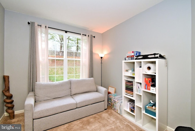 sitting room featuring baseboards, vaulted ceiling, and carpet floors