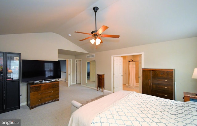bedroom featuring visible vents, baseboards, ceiling fan, light colored carpet, and lofted ceiling