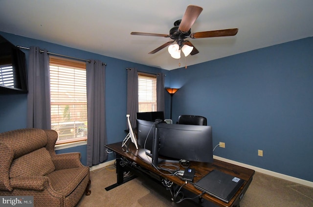 office area featuring baseboards, a ceiling fan, and carpet floors