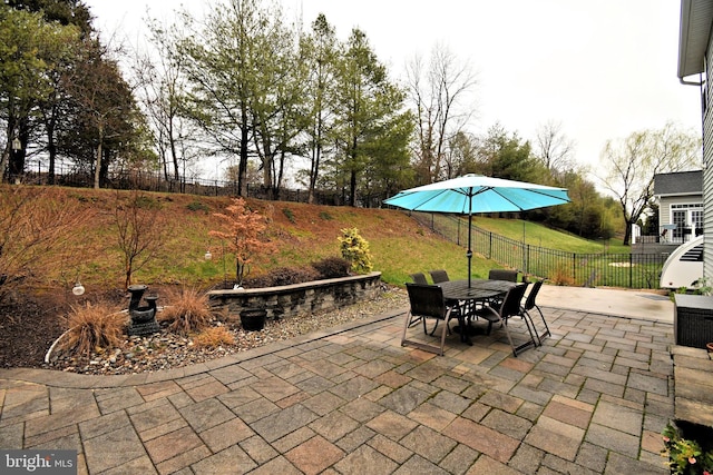 view of patio featuring fence and outdoor dining area