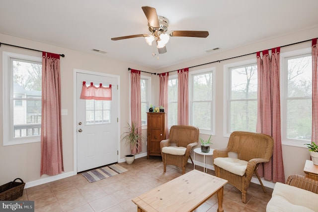 interior space featuring ceiling fan, visible vents, and plenty of natural light